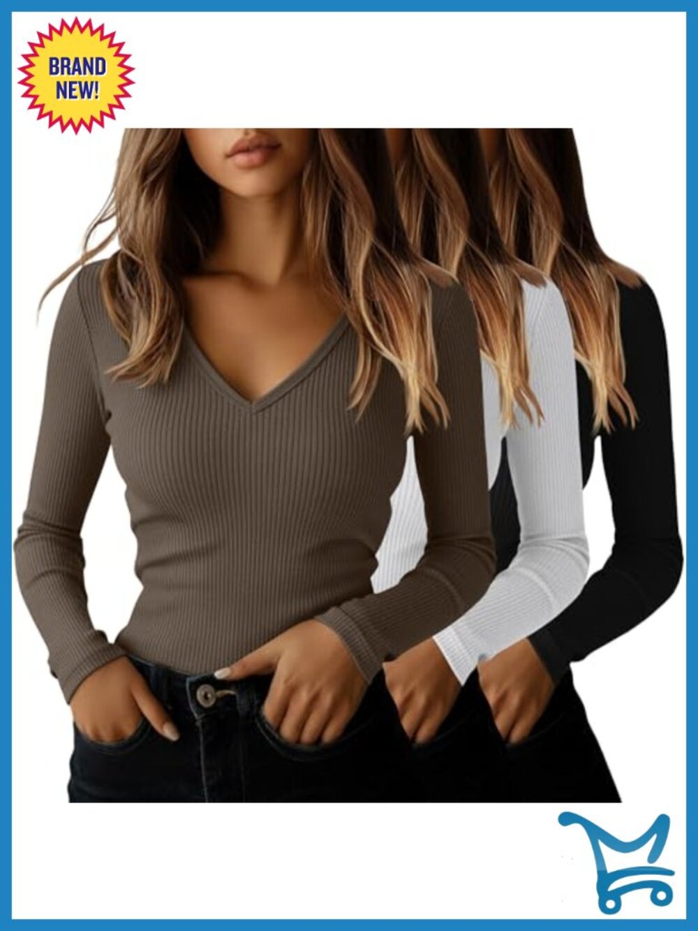 Ficerd Women's Long Sleeve Ribbed Cotton V Neck Top 3 Pack
